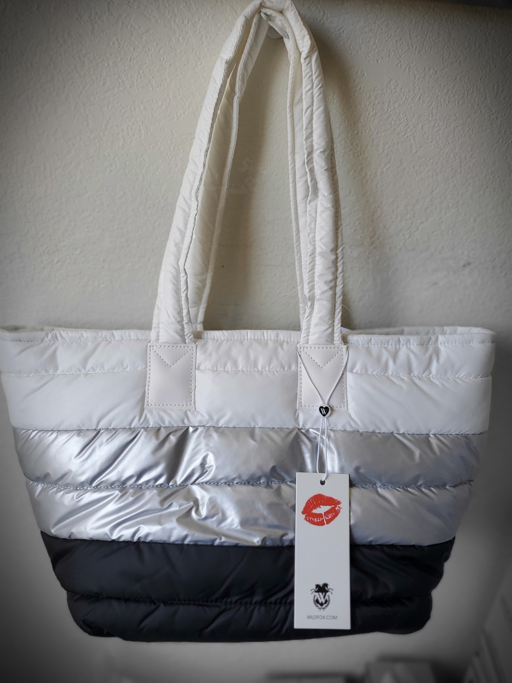Wildfox Quilted Stripe Tote Bag in White, Silver & Black